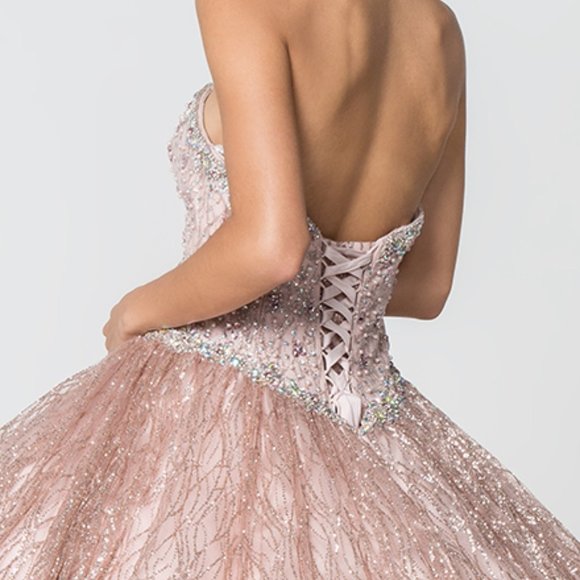 NEW LONG SLEEVELESS STRAPLESS MESH BALL GOWN EMBROIDERED WITH RHINESTONES GL2801 - Picture 5 of 9